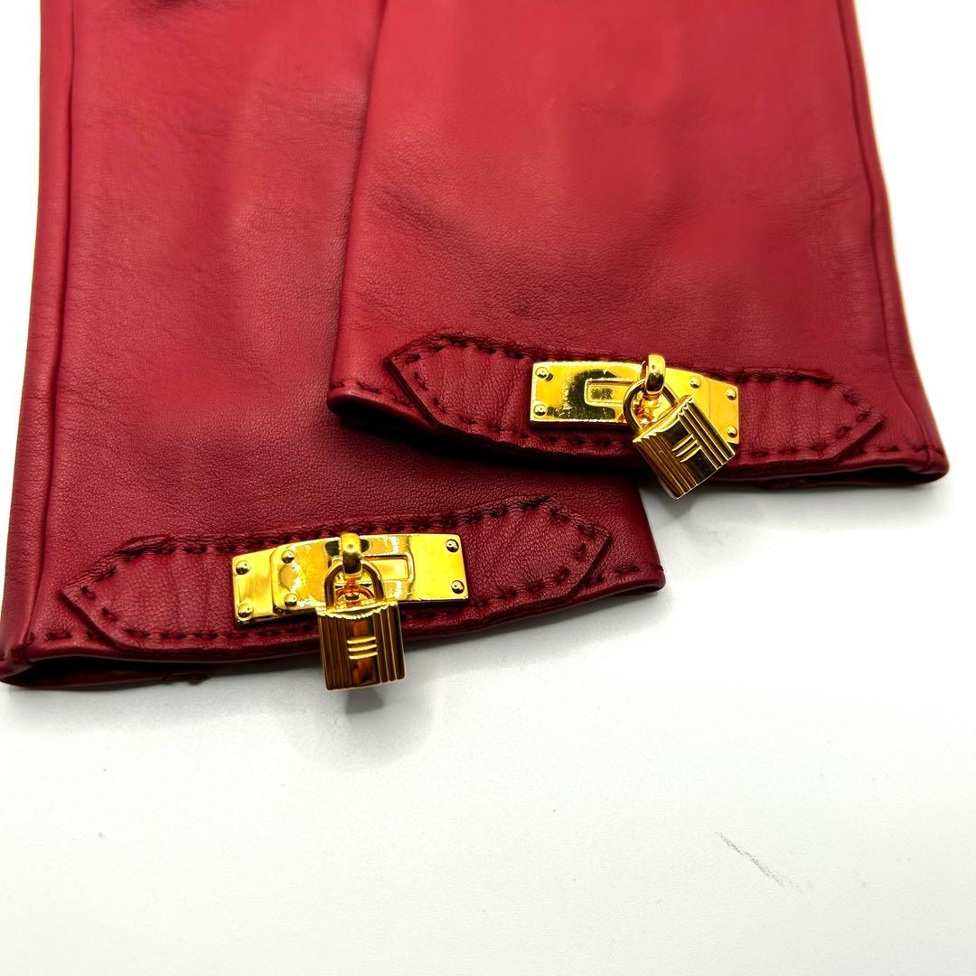 美品　HERMES レザーグローブ　羊革　ラムスキン　レッド　カデナ　手袋　赤