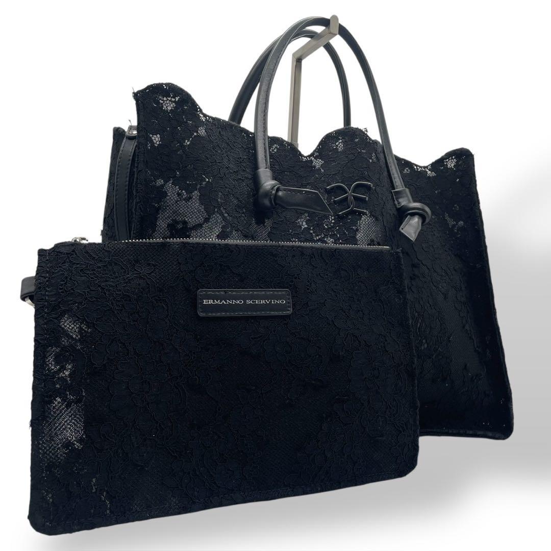 極美品 エルマンノシェルビーノ レース トート 本革 ロゴプレート ブラック