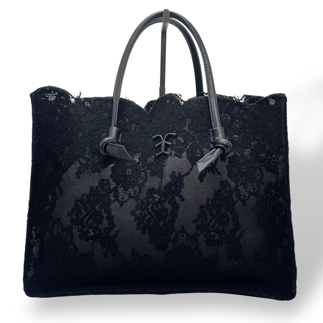 極美品 エルマンノシェルビーノ レース トート 本革 ロゴプレート ブラック