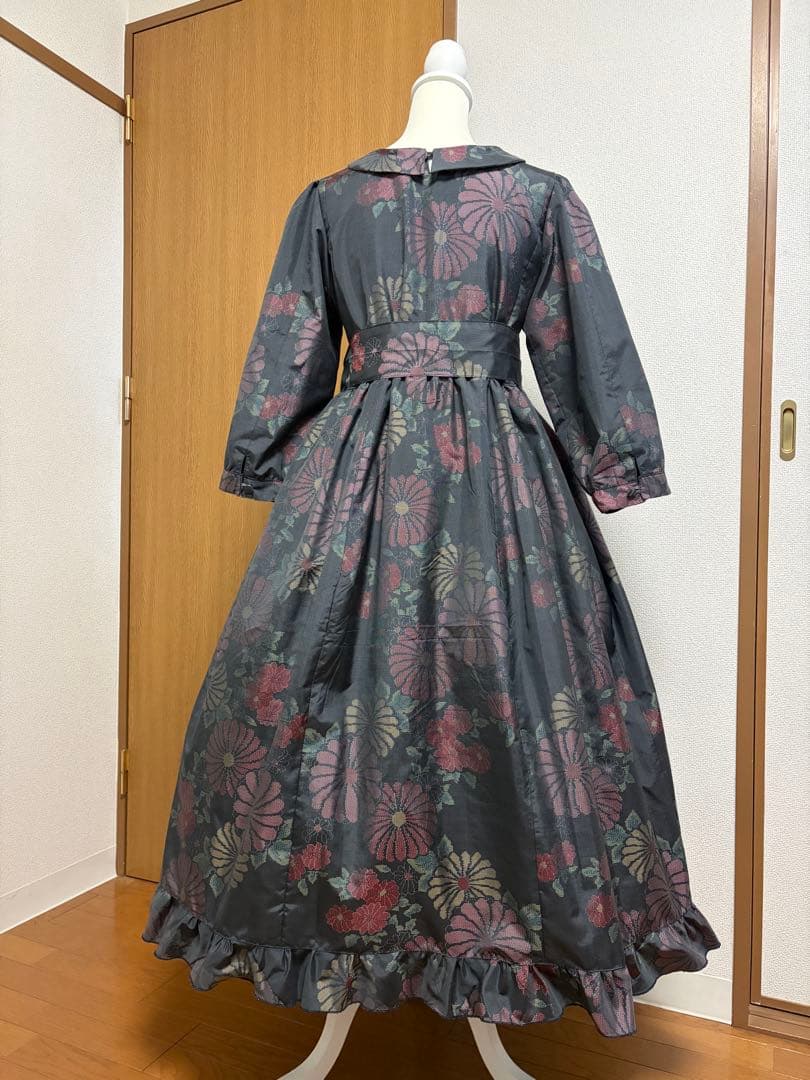 着物リメイク♪ 大島紬　ふんわりワンピース　花模様♪ 総裏地付　MーL