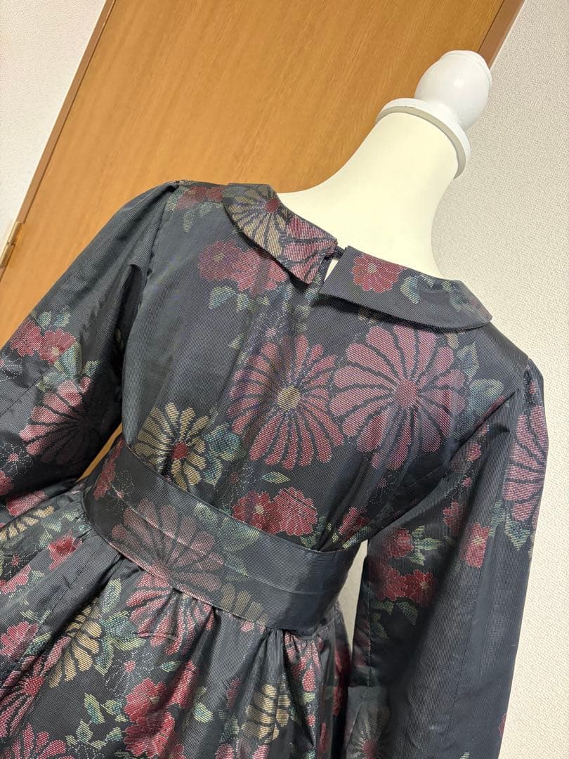 着物リメイク♪ 大島紬　ふんわりワンピース　花模様♪ 総裏地付　MーL