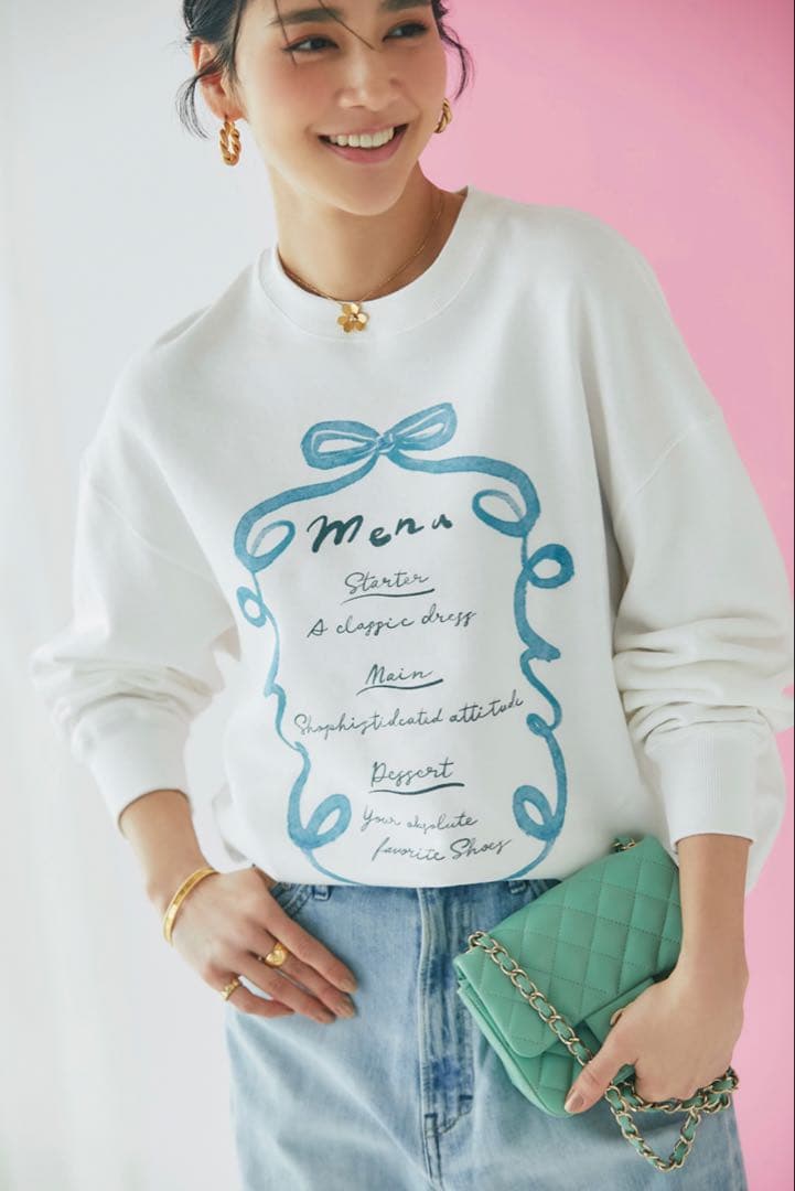 セブンテン ミホカワヒト　menuプリントトレーナー　ホワイト×ミント