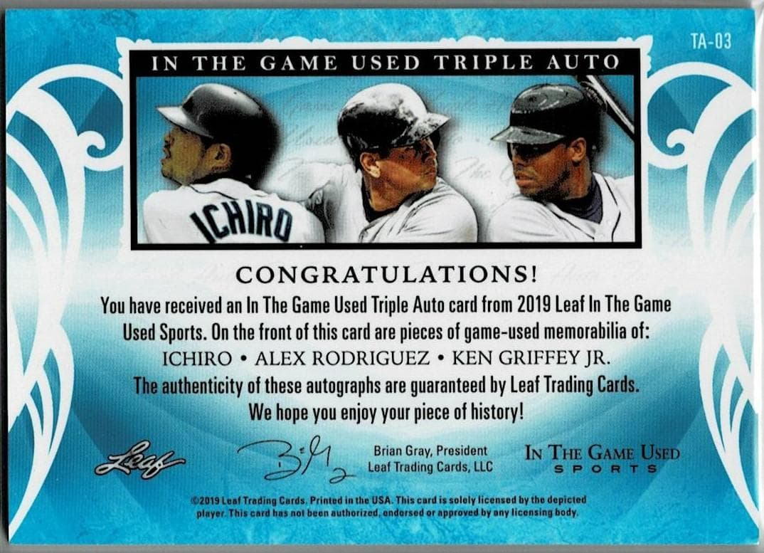 イチロー、KグリフィーJr、A・ロドリゲス 6枚限定直筆サインジャージカード