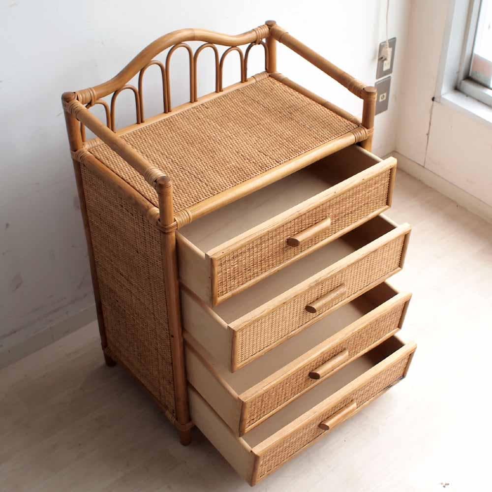 ビンテージ ラタンのチェスト 引出し 籐 レトロ ZR24200