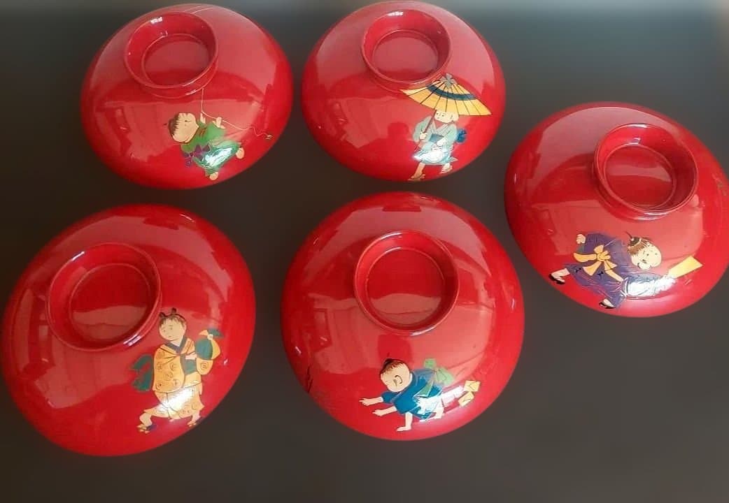 未使用品✨【塗り】蓋付き　汁物椀　雑煮　和柄　童子　5客　箱なし