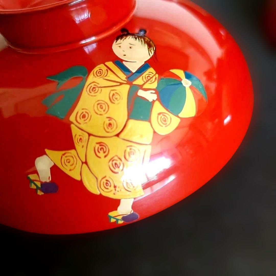 未使用品✨【塗り】蓋付き　汁物椀　雑煮　和柄　童子　5客　箱なし