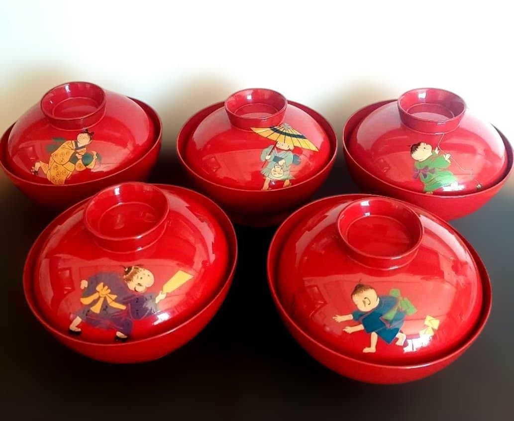 未使用品✨【塗り】蓋付き　汁物椀　雑煮　和柄　童子　5客　箱なし
