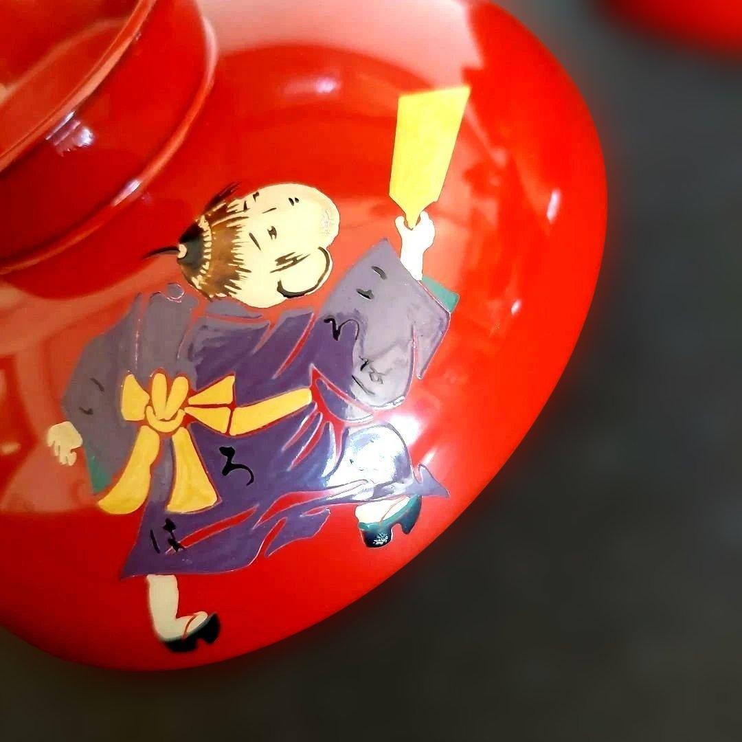 未使用品✨【塗り】蓋付き　汁物椀　雑煮　和柄　童子　5客　箱なし