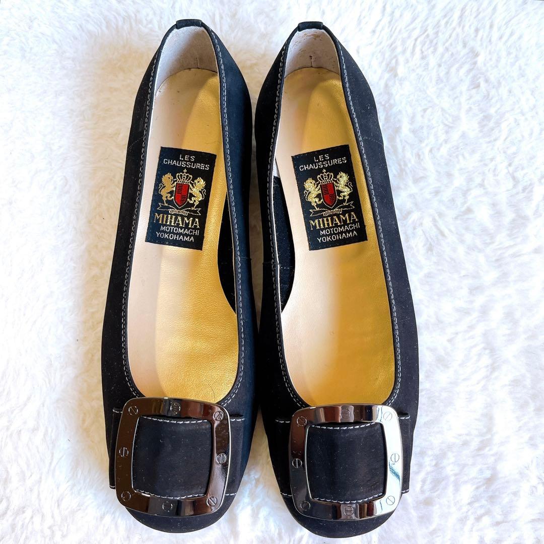 【美品】ミハマMIHAMA スエードブラック フラットシューズ　バックル