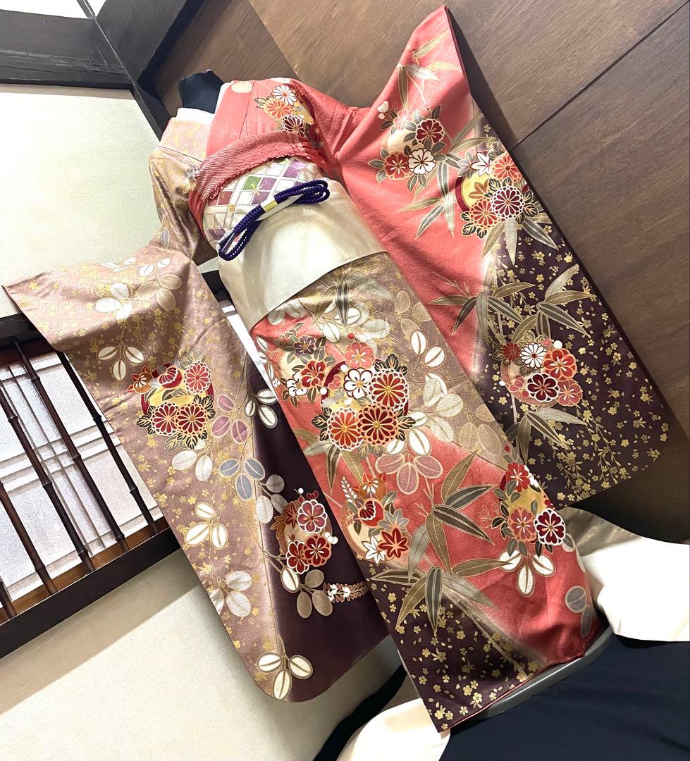 振袖 フルセット6点サイズM〜Ｌ菊花丸文　銀駒刺繍　正絹