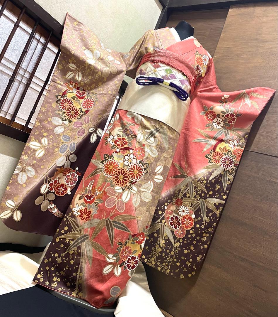 振袖 フルセット6点サイズM〜Ｌ菊花丸文　銀駒刺繍　正絹