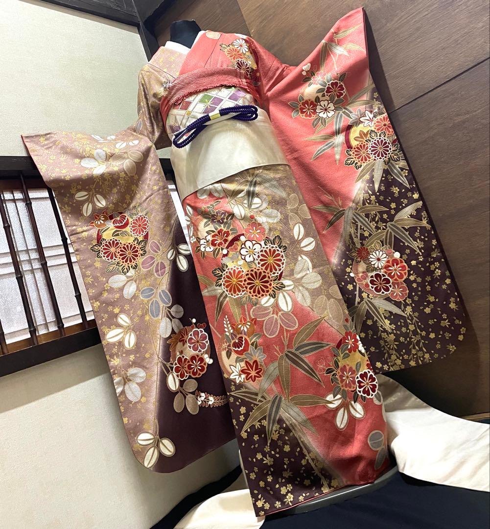 振袖 フルセット6点サイズM〜Ｌ菊花丸文　銀駒刺繍　正絹