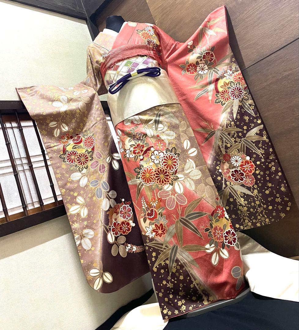 振袖 フルセット6点サイズM〜Ｌ菊花丸文　銀駒刺繍　正絹