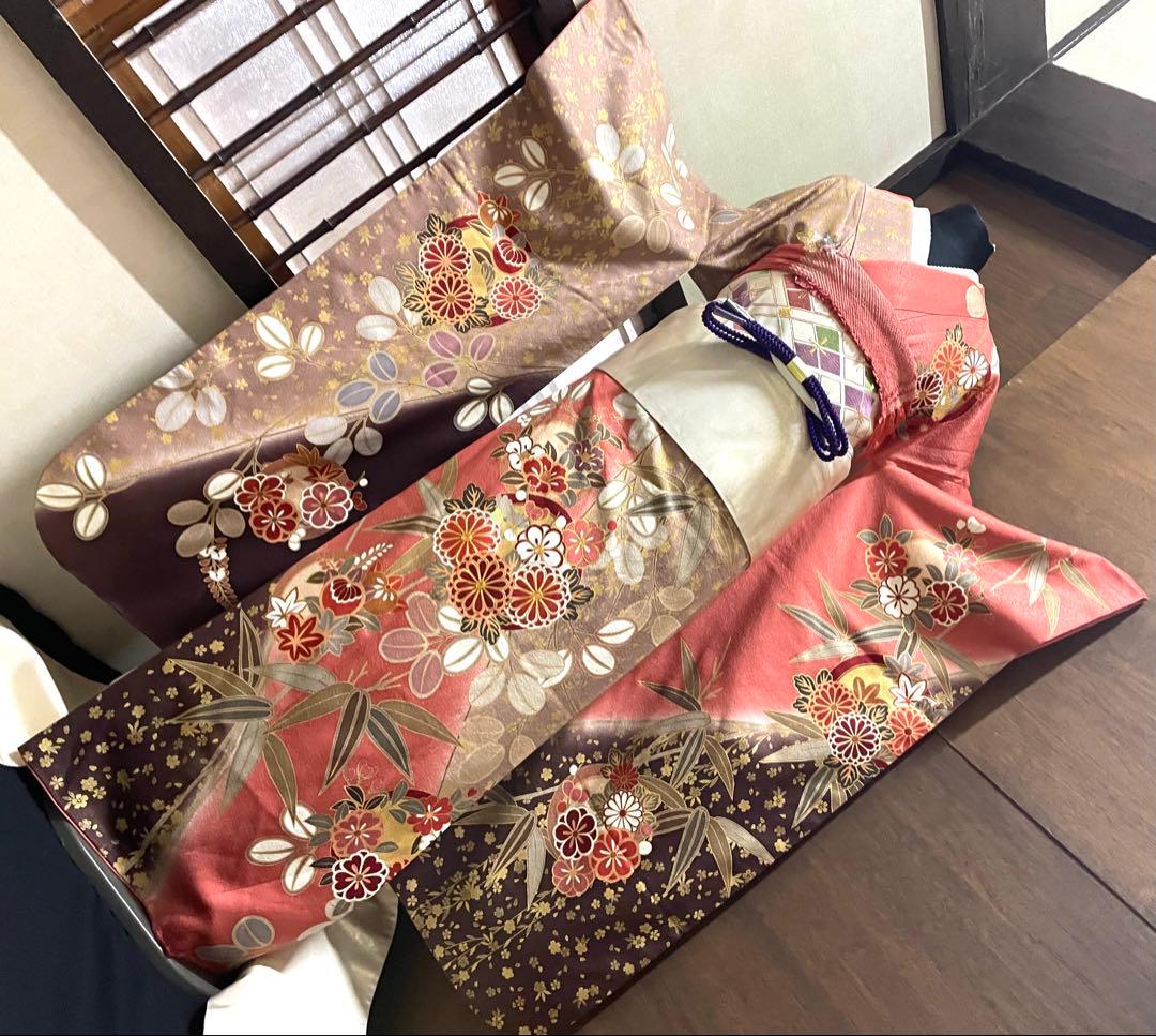 振袖 フルセット6点サイズM〜Ｌ菊花丸文　銀駒刺繍　正絹