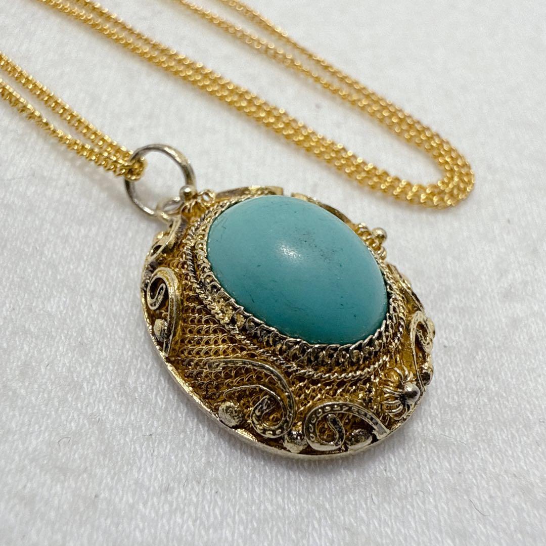 銀線細工 ゴールドカラー SILVER製 青石 ターコイズ？ ネックレス