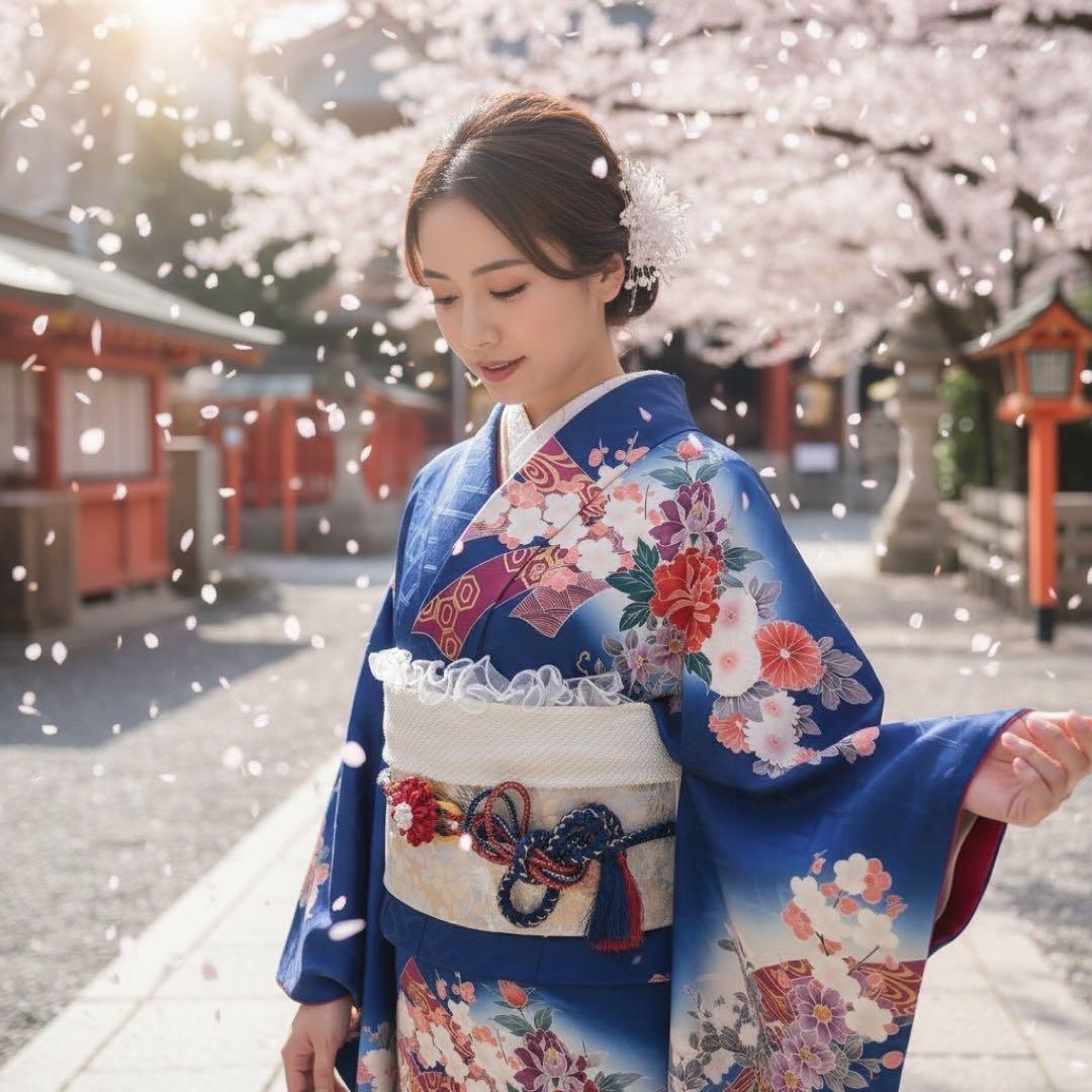 振袖豪華9点フルセット　青系　金駒刺繍　金彩　牡丹　貝桶　成人式　結婚式