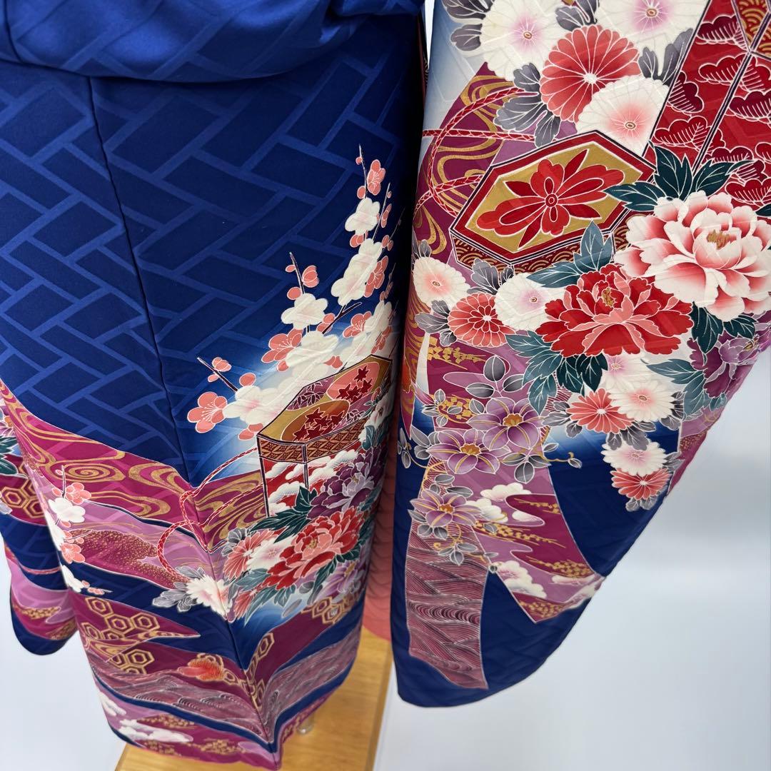 振袖豪華9点フルセット　青系　金駒刺繍　金彩　牡丹　貝桶　成人式　結婚式