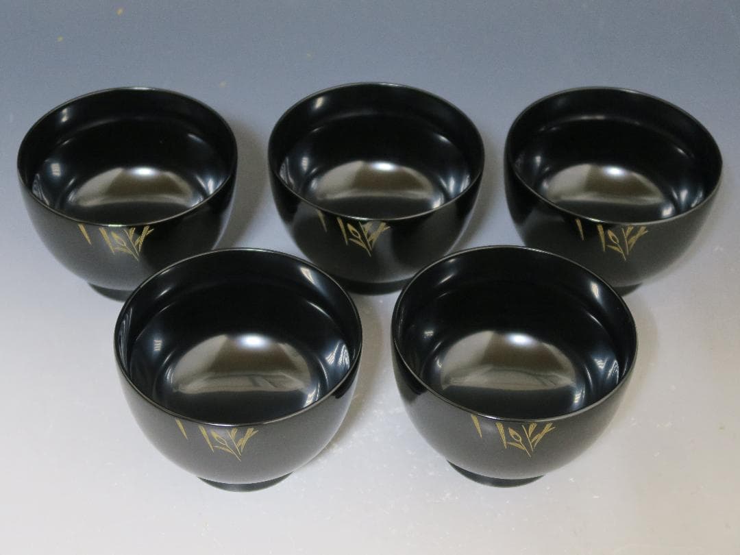【輪島塗】極美品 秋草沈金 吸物椀 坂本漆器店 黒塗 五客揃 天然木 栞 共箱