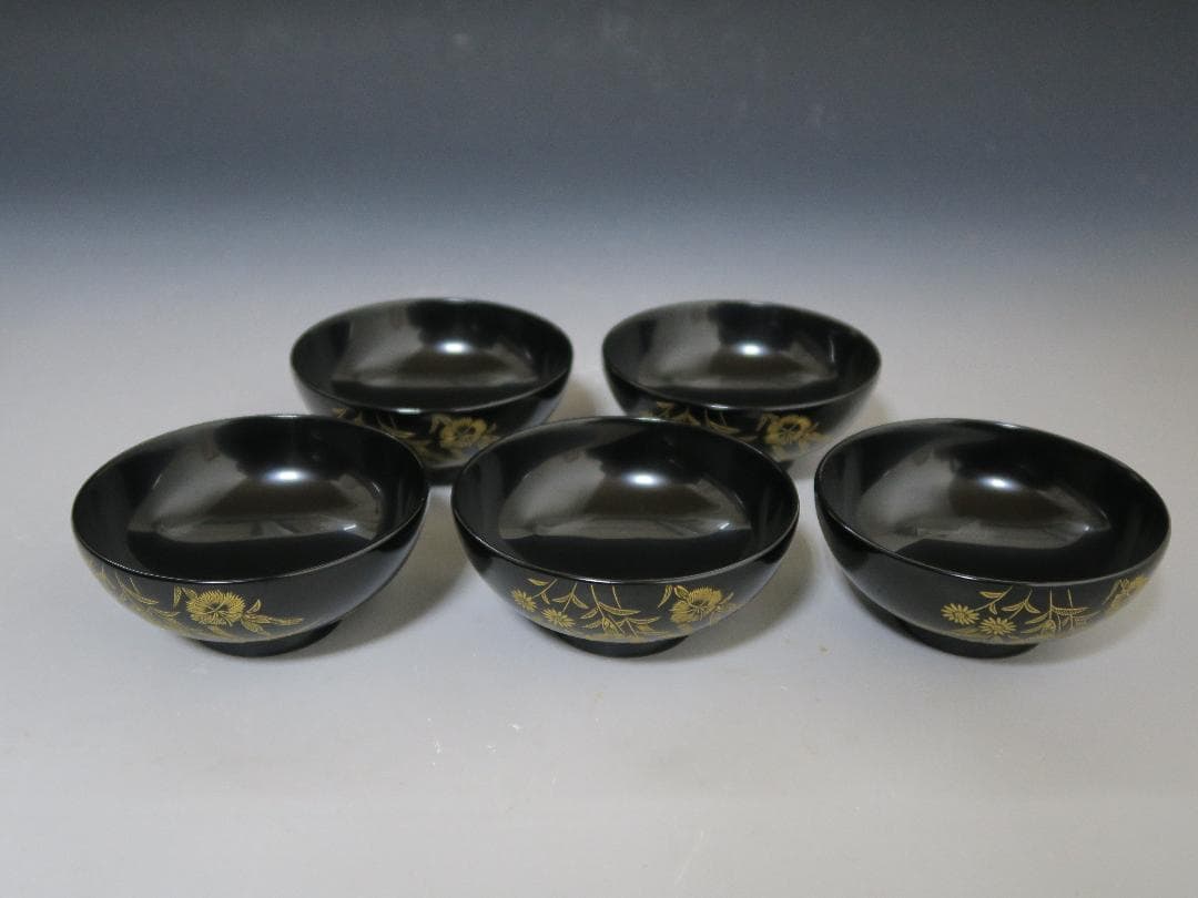 【輪島塗】極美品 秋草沈金 吸物椀 坂本漆器店 黒塗 五客揃 天然木 栞 共箱