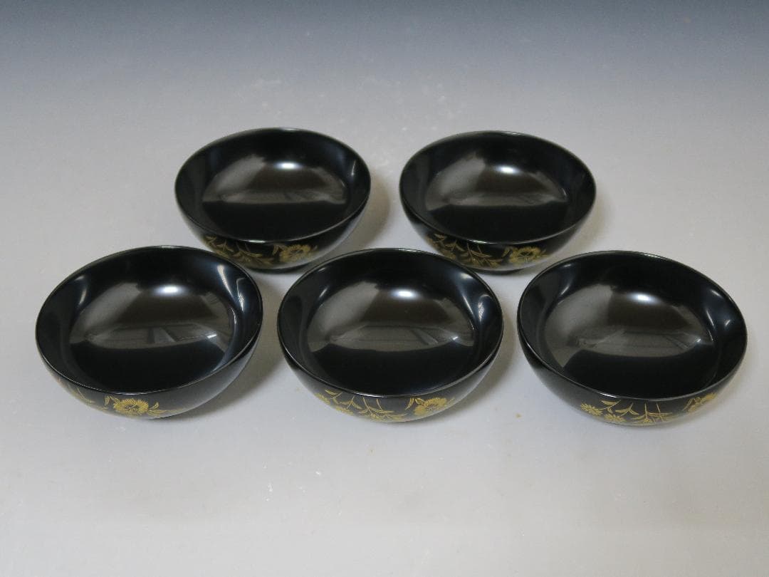 【輪島塗】極美品 秋草沈金 吸物椀 坂本漆器店 黒塗 五客揃 天然木 栞 共箱