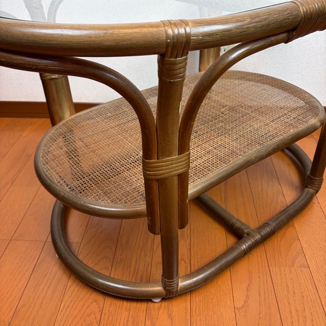 送料無料 ラタン製ガラス天板サイドテーブル アンティーク ヴィンテージ 天然木