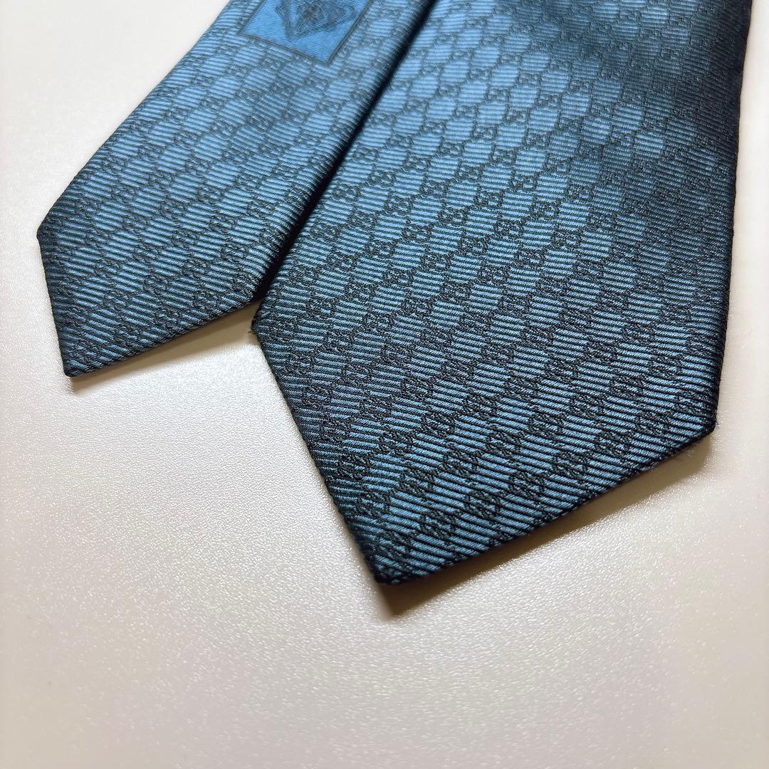 GUCCI グッチ GG柄 総柄 ネクタイ 藍色 7cm シルク 細身