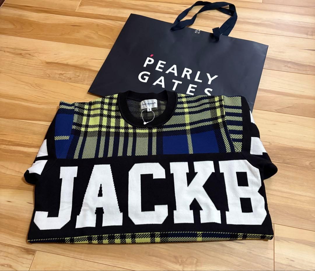 新品 ジャックバニー チェック切替3色WジャガードクルーネックニットLライム