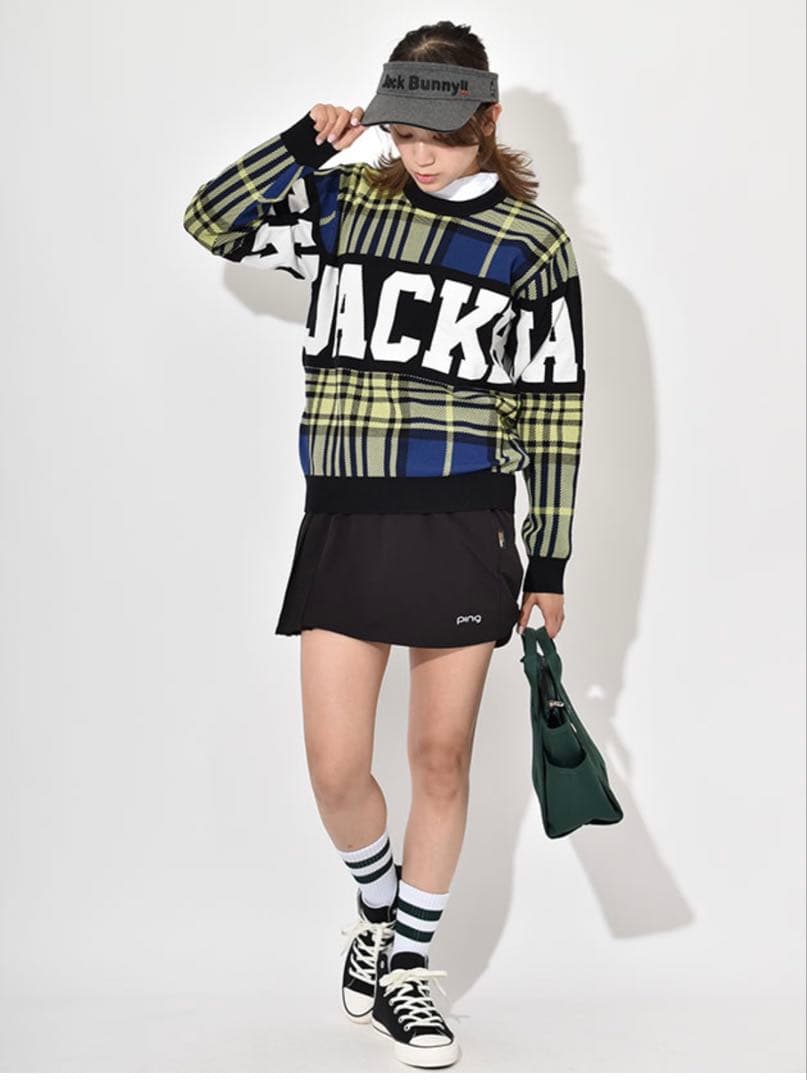 新品 ジャックバニー チェック切替3色WジャガードクルーネックニットLライム