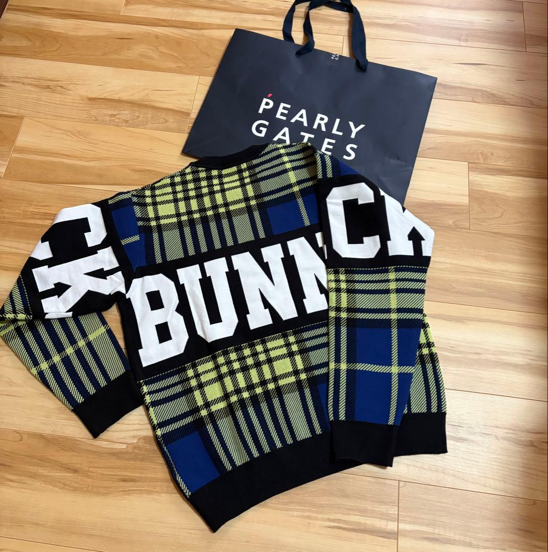 新品 ジャックバニー チェック切替3色WジャガードクルーネックニットLライム