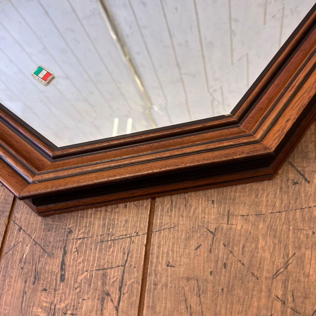 アンティーク 木製フレーム 8角形 イタリア製 壁掛け鏡 ウォールミラー