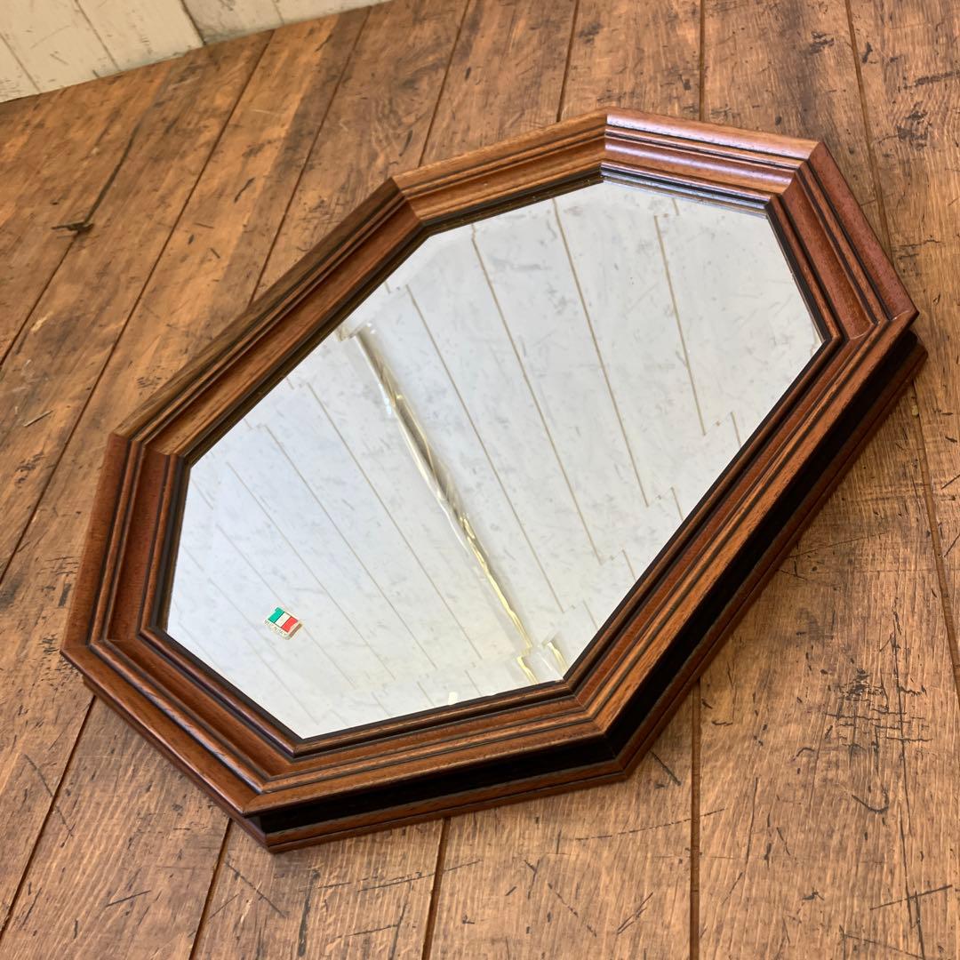 アンティーク 木製フレーム 8角形 イタリア製 壁掛け鏡 ウォールミラー
