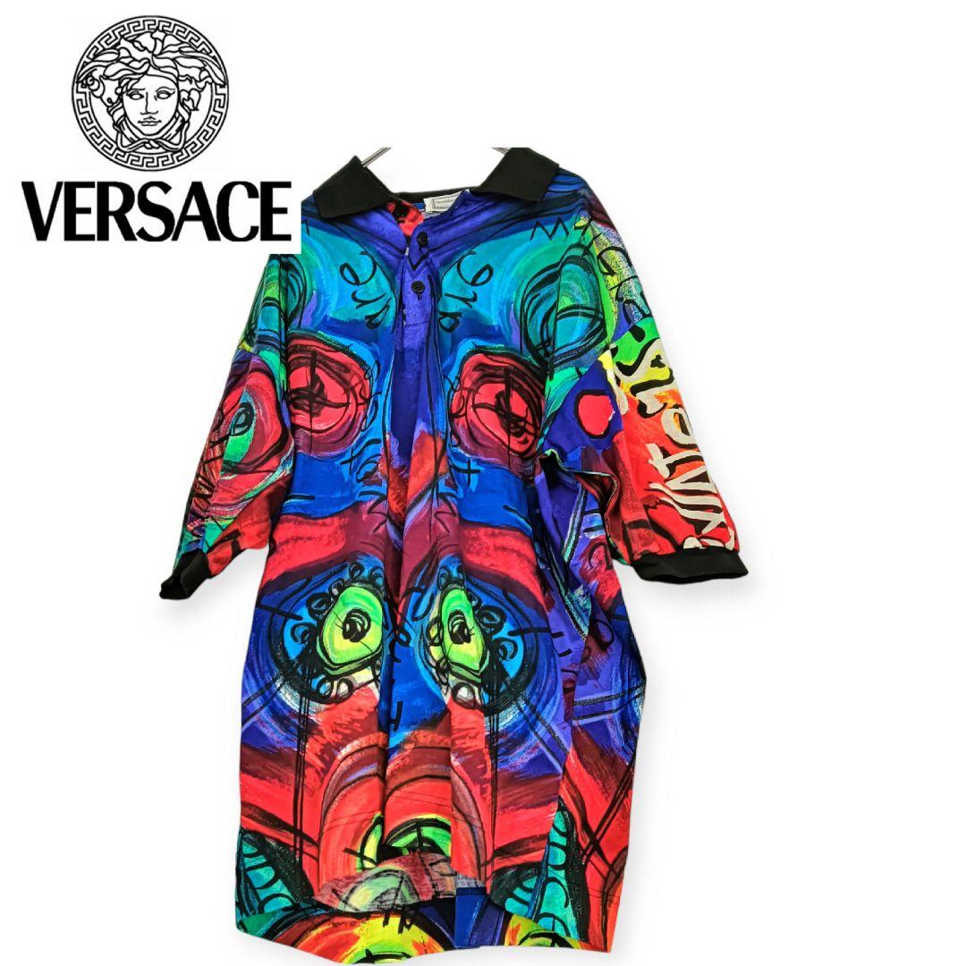 美品 VERSACE ヴェルサーチ 半袖 ポロシャツ 総柄 L 柄シャツ