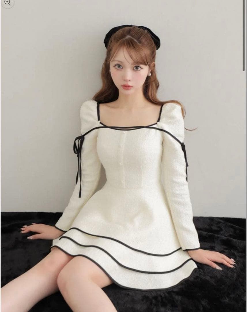 Ribbon trim tweed mini onepiece エムエメ