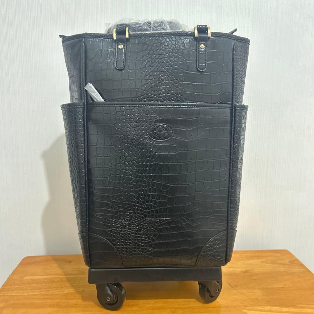 新品未使用　SWANY クロコ型押し キャリーバッグ 黒 ストッパー付き 美品