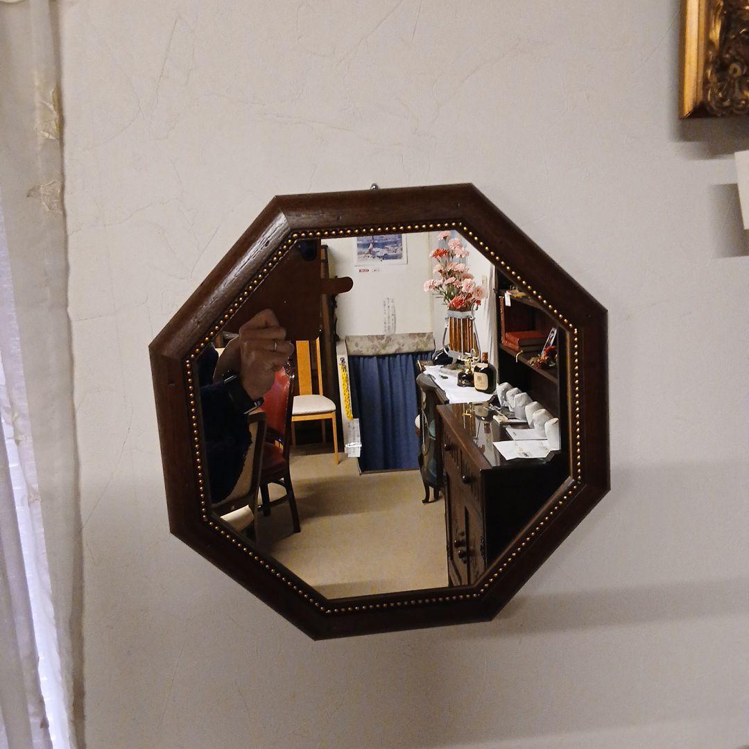 八角形の木製壁掛け鏡
