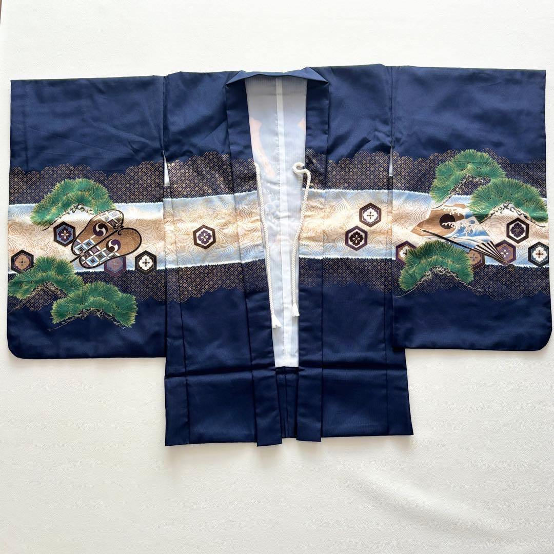 02337 七五三 5歳 男の子 着物 羽織 袴 フルセット 兜　紺色　百日祝い