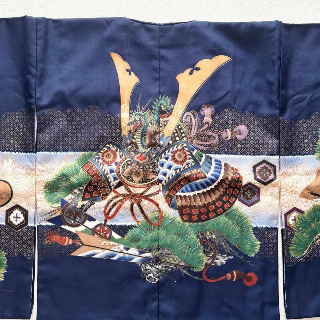 02337 七五三 5歳 男の子 着物 羽織 袴 フルセット 兜　紺色　百日祝い