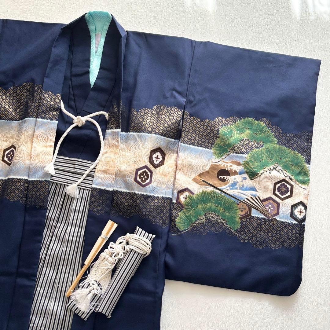 02337 七五三 5歳 男の子 着物 羽織 袴 フルセット 兜　紺色　百日祝い