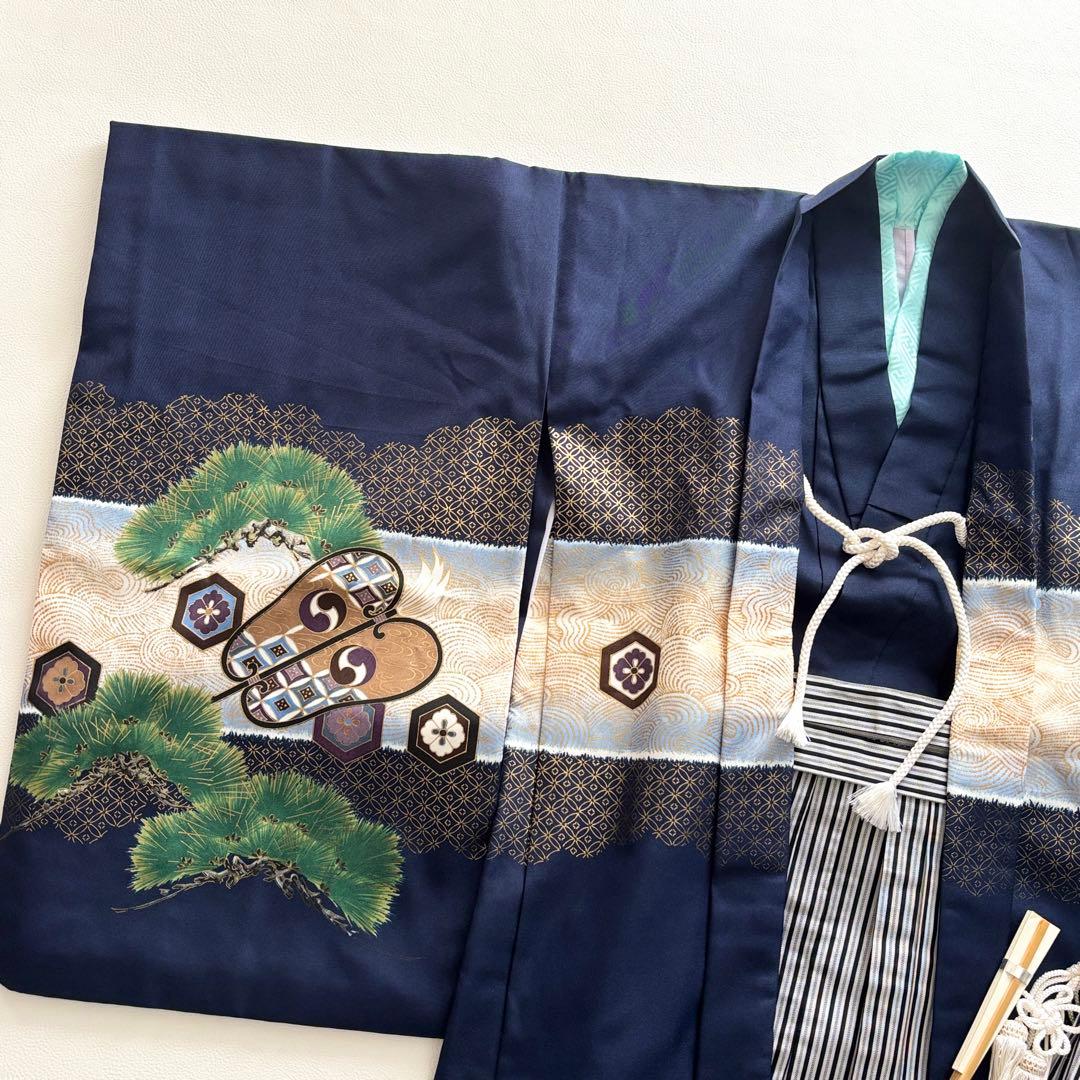 02337 七五三 5歳 男の子 着物 羽織 袴 フルセット 兜　紺色　百日祝い