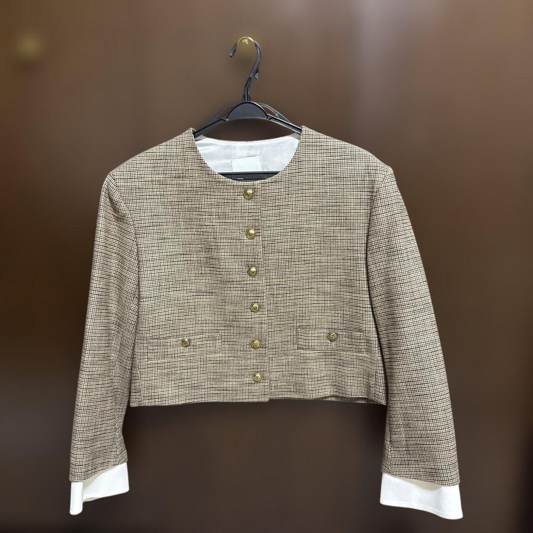 新品未使用 SANDRO ノーカラーチェックジャケット ゴールドボタン