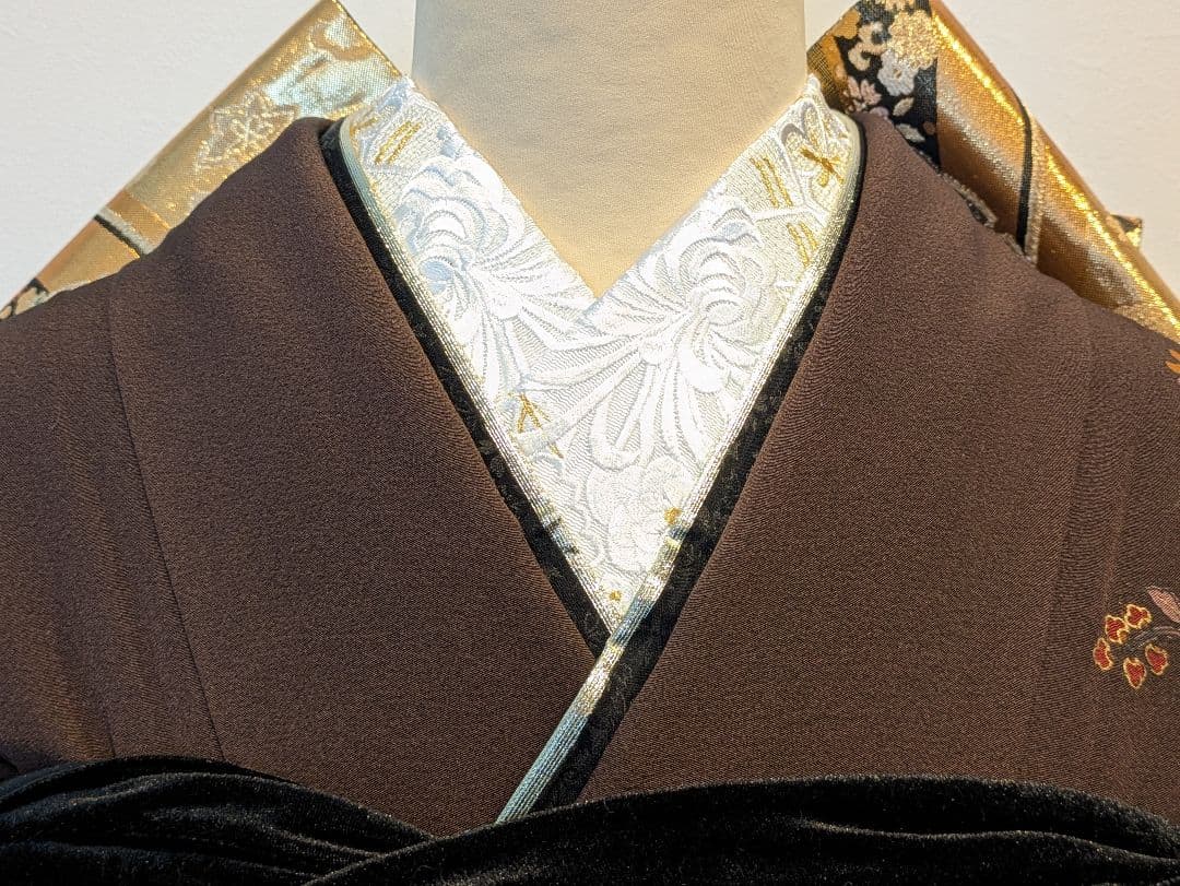 振袖フルセット 身丈168.5裄69.5 更紗 焦げ茶 ブラウン 金彩 成人式