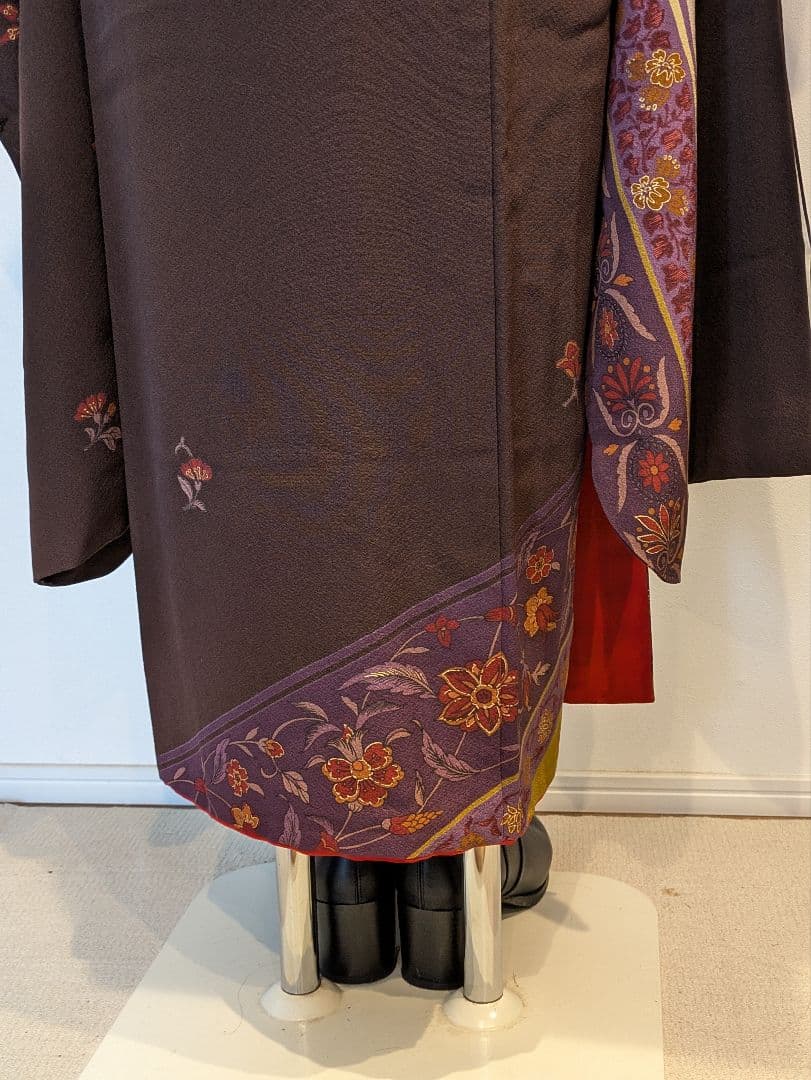 振袖フルセット 身丈168.5裄69.5 更紗 焦げ茶 ブラウン 金彩 成人式
