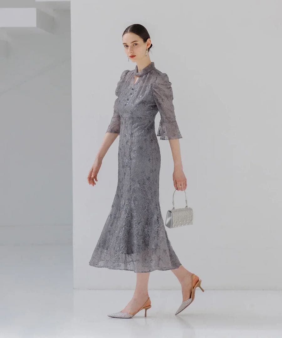 LEJA スパンコール花柄刺繍ソフトパフスリーブマーメイドラインドレスワンピース