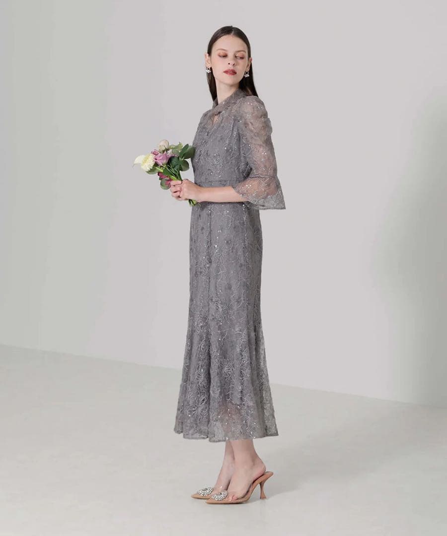 LEJA スパンコール花柄刺繍ソフトパフスリーブマーメイドラインドレスワンピース