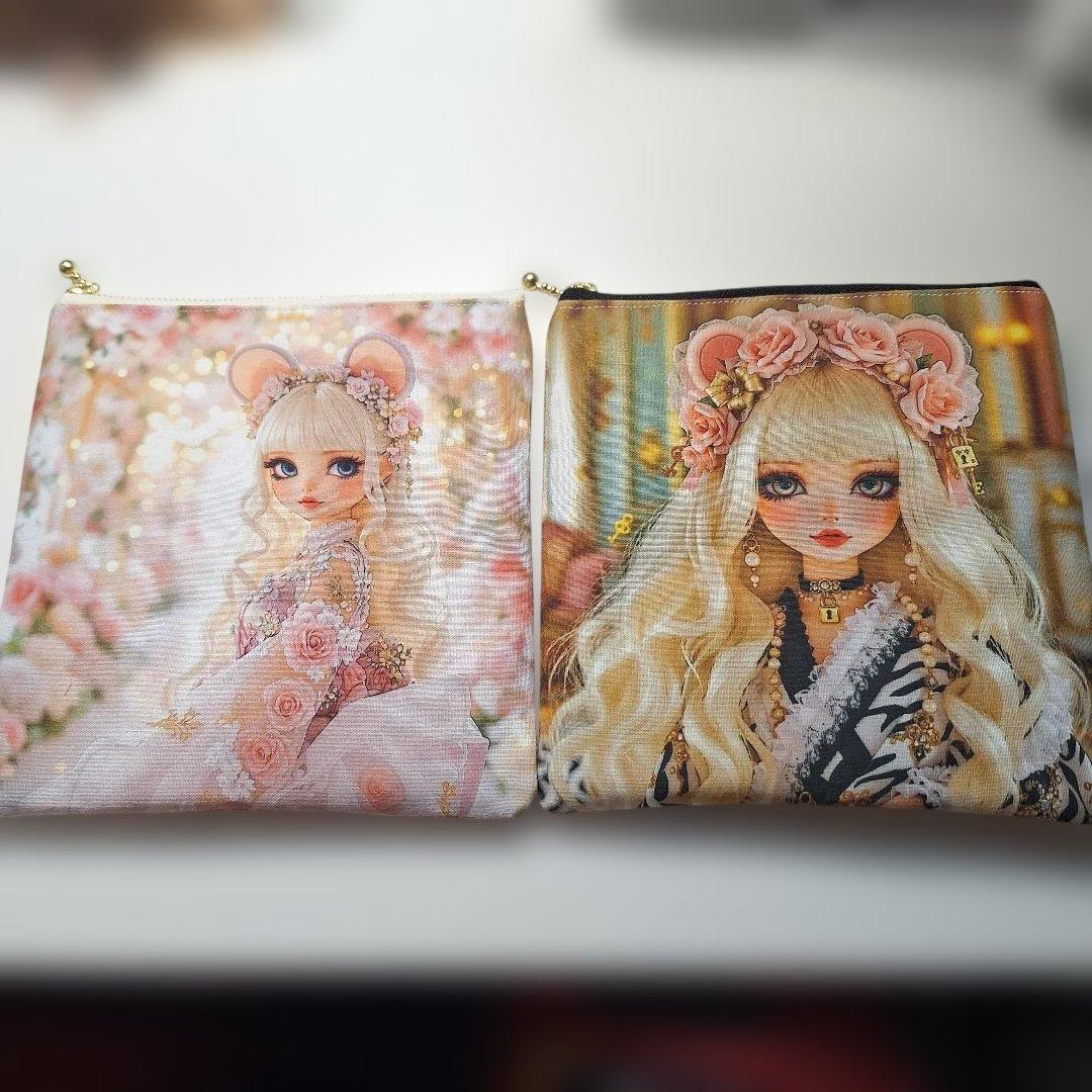 激レア女の子パネル生地　ハンドメイド　両面パネルフラットポーチ