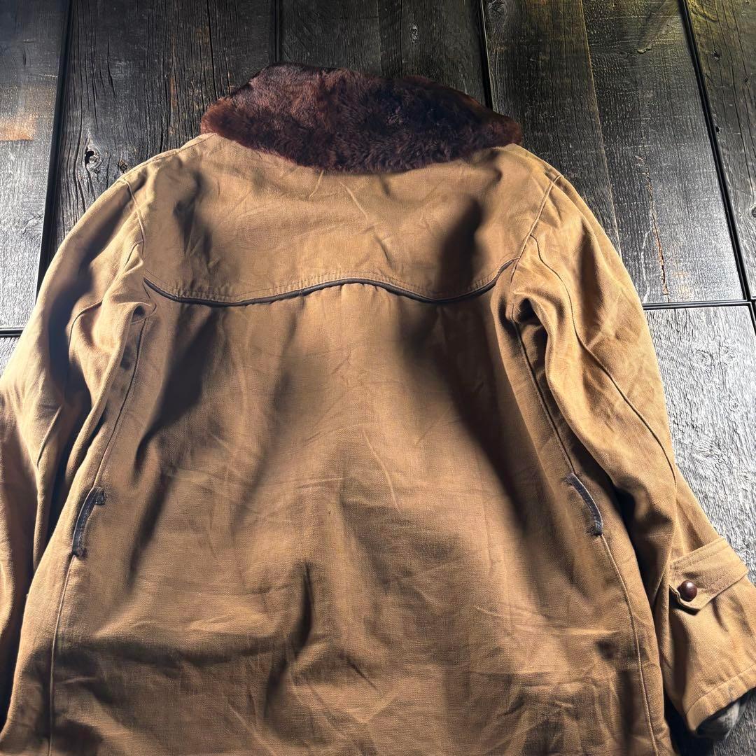 古着　５０s ボアコート　ダック生地　ムートンコート　くるみボタンL ブラウン.