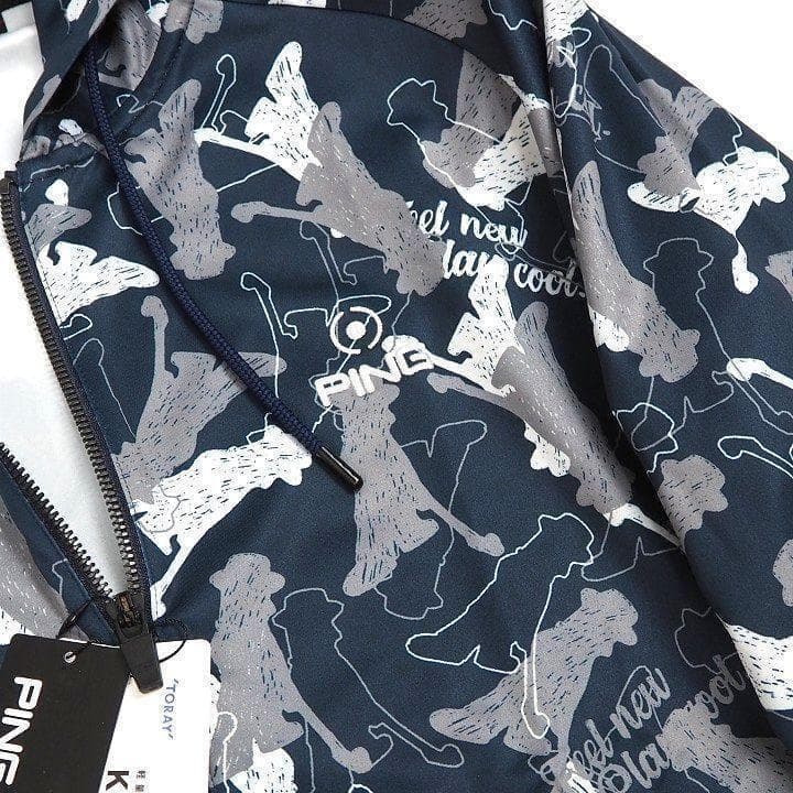 新品 ピン ゴルフ 総柄プリントフルジップ フーディー パーカー ネイビー L