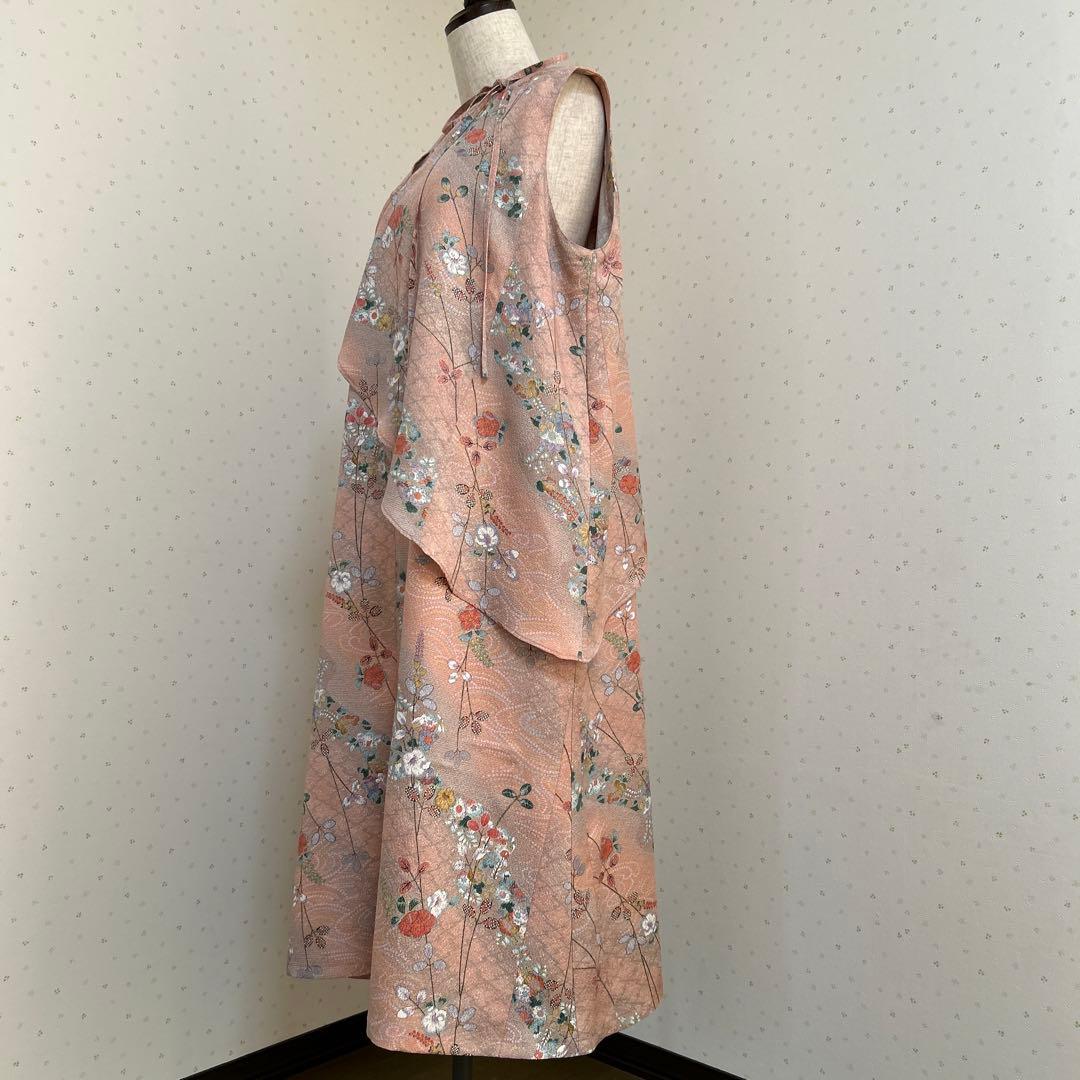 着物リメイク　正絹　手描き辻ヶ花縮緬フラップ付きロングワンピース＊スヌード