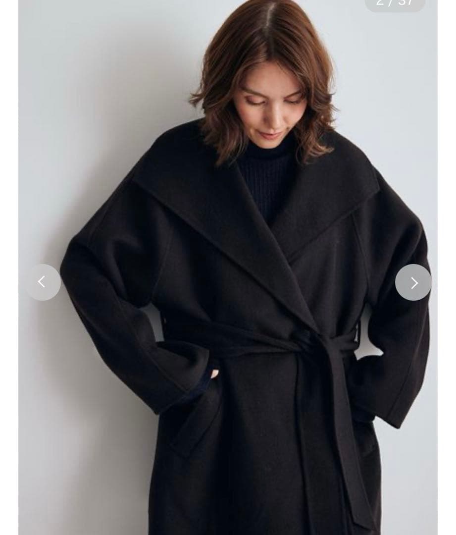 ミラオーウェン 共ベルト付きビッグカラーミディ丈コート チャコールグレー