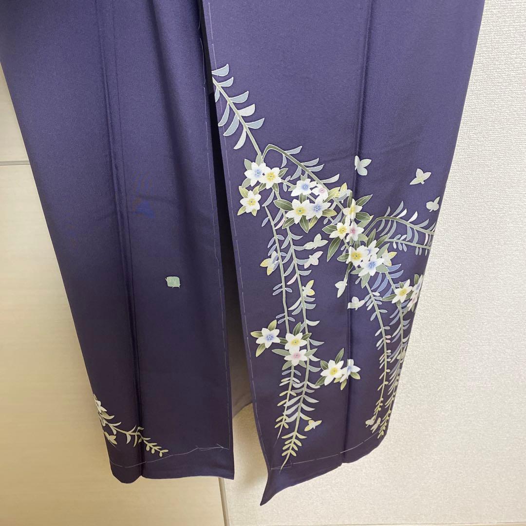 訪問着 花柄 加賀友禅　紫　落款　証紙　しつけ糸付き未使用美品　蝶々　袷　正絹